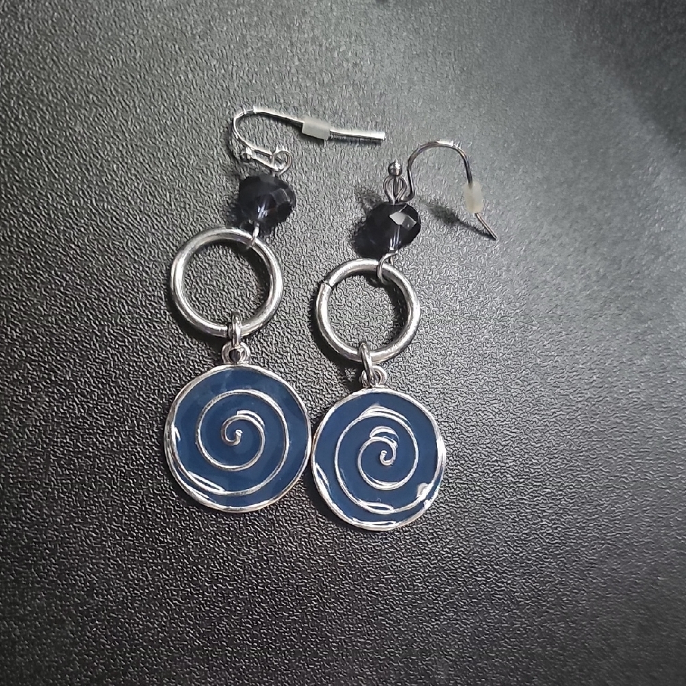 Silver Spiral Drop Earrings with Navy Accents - Women Jewelry